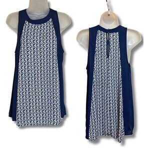Sleeveless High Neck Blouse Navy White Geometric Print Tank Top Keyhole